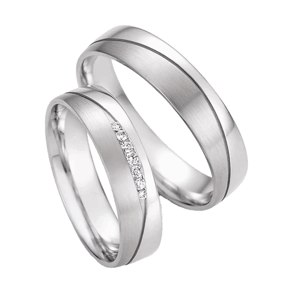 Weißgoldene Ringe Natureller Bliss mit polierter und matter Oberfläche, veredelt mit funkelnden Brillanten entlang der Wellenfuge