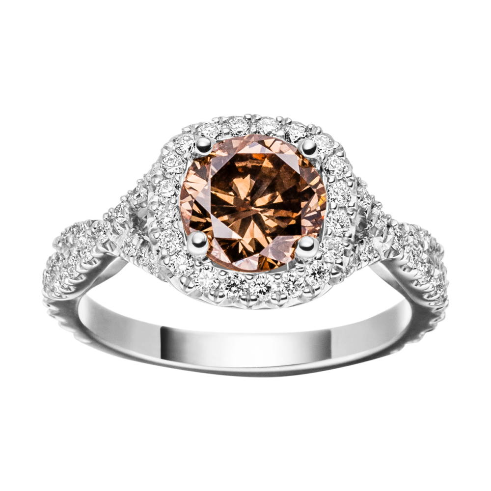 Platinring „Oath“ mit 1 ct braunem Brillant im Zentrum, eingefasst in Halo und begleitet von 63 kleinen Diamanten – luxuriös und stilvoll
