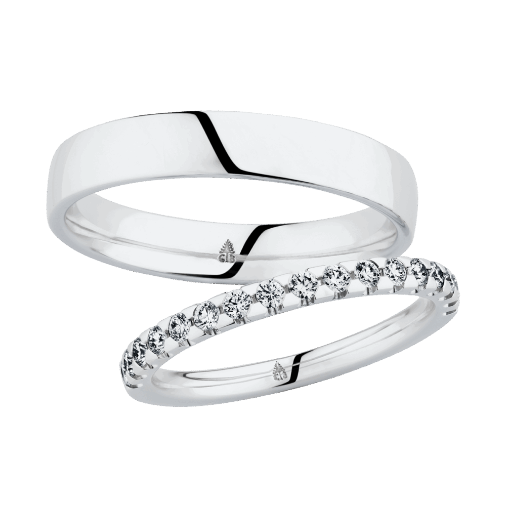 Weißgold-Trauringe mit 17 brillantgeschliffenen Diamanten in einzigartiger Memoirering-Optik