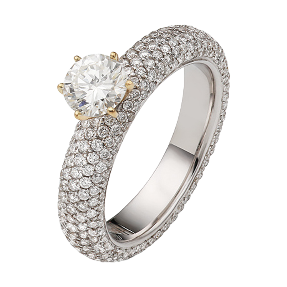 Platinring „Perpetuity“ mit zentralem Brillant in goldener Krappenfassung und durchgehendem Diamantbesatz – pure Eleganz ohne Ende