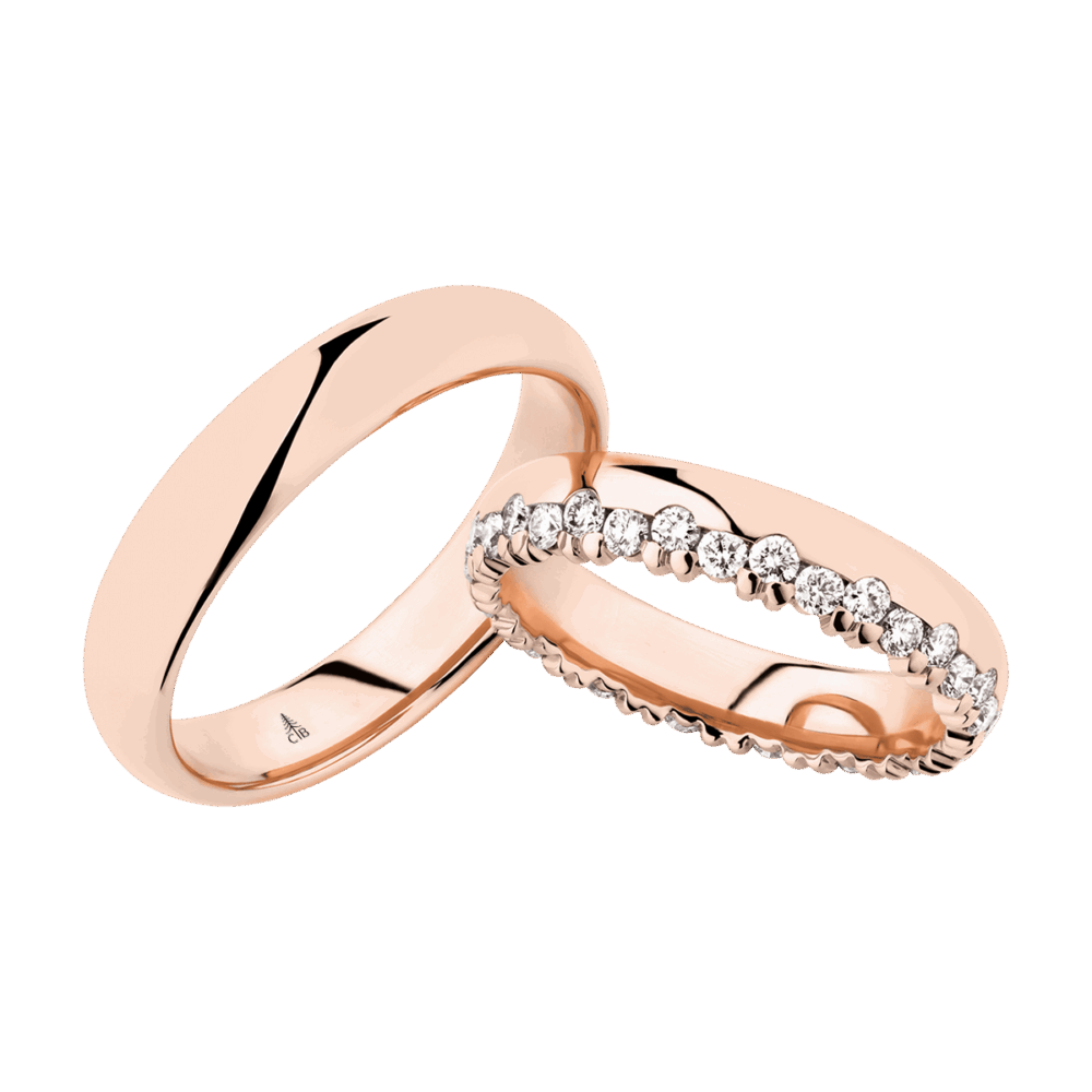 Roségoldene Trauringe mit 34 brillantgeschliffenen Diamanten und romantischem Glanz