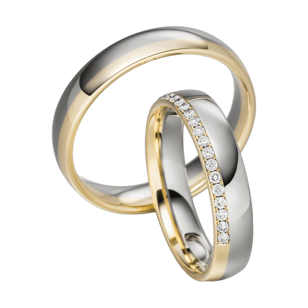 Luxuriöse Trauringe aus Platin und Gelbgold, bicolor poliert mit Diamantbesatz für stilvolle Harmonie