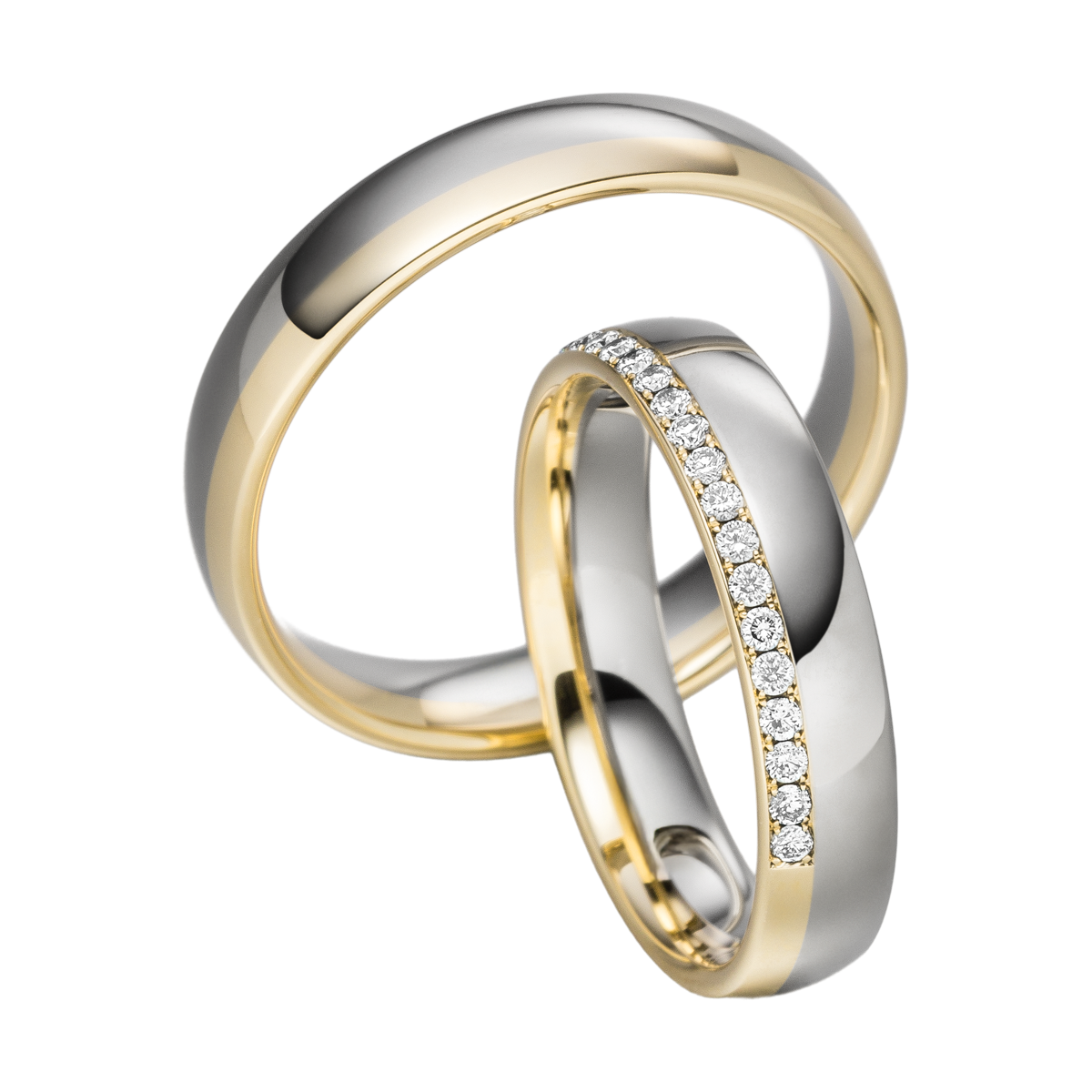Luxuriöse Trauringe aus Platin und Gelbgold, bicolor poliert mit Diamantbesatz für stilvolle Harmonie