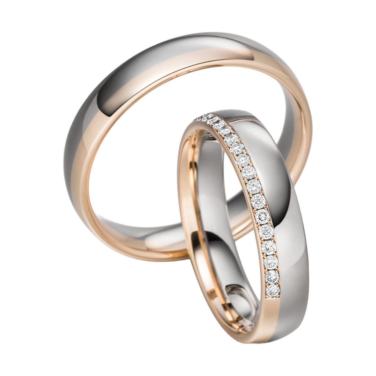 Zweifarbige Trauringe aus Platin und Roségold mit edler Politur und Diamanten in Verschnittfassung