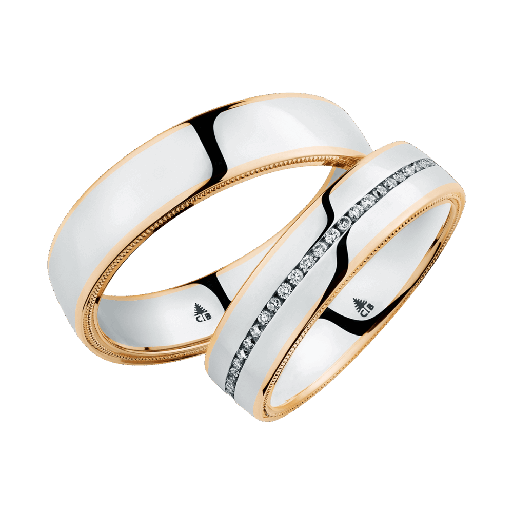Luxuriöse Platin-Trauringe mit Roségold-Details, Millegriffes und mittigem Diamantbesatz