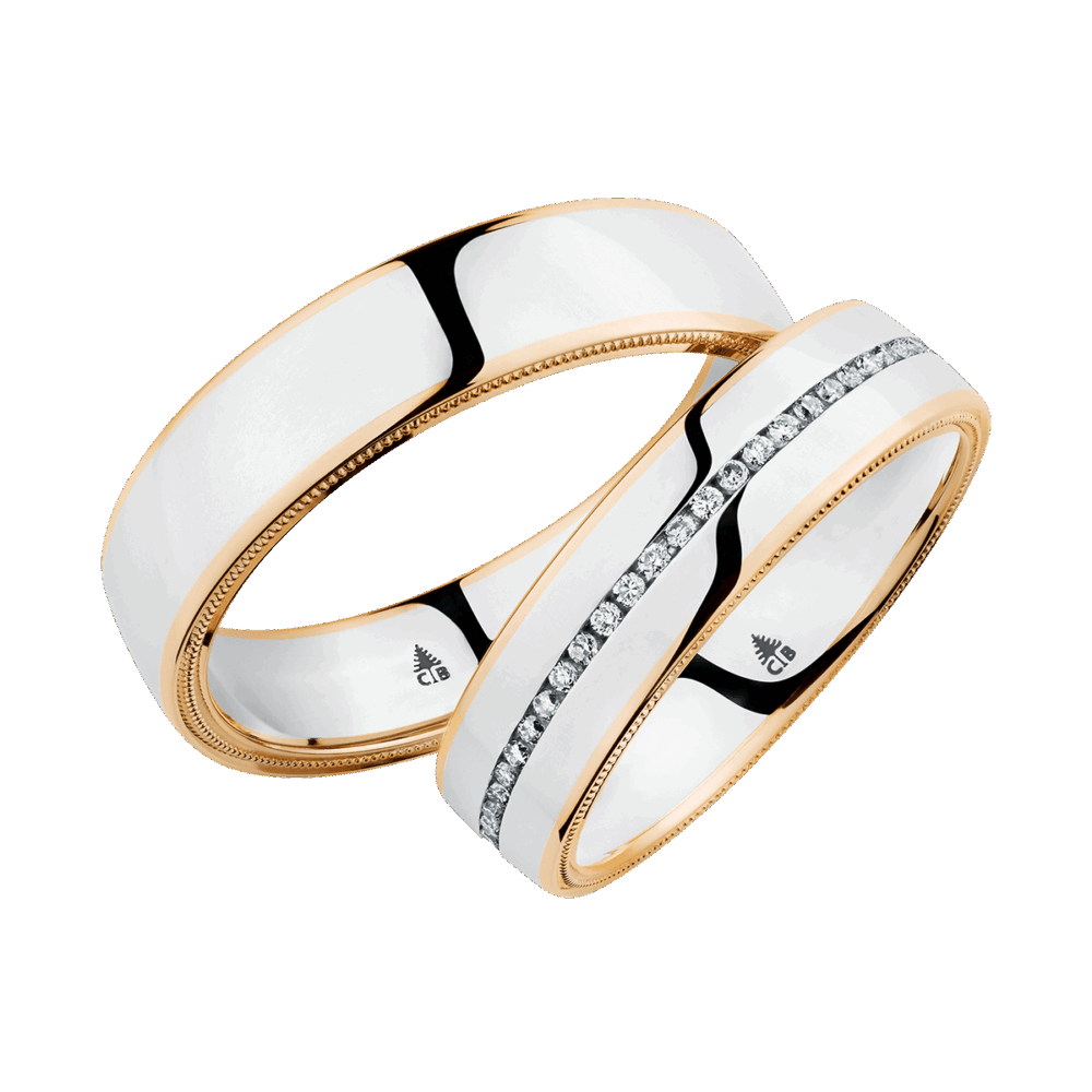Elegante Weißgold-Ringe mit feinen Roségoldseiten und 56 Diamanten in Kanalfassung