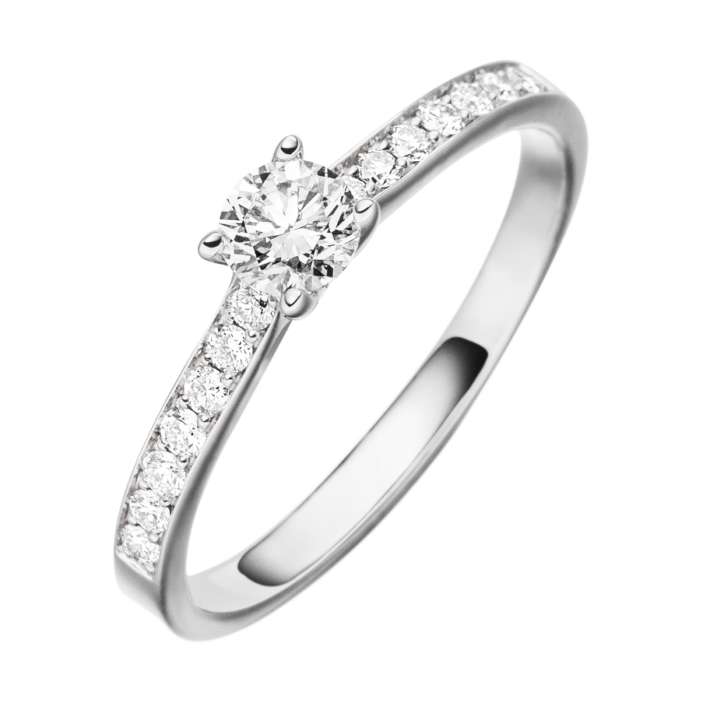 Platinring „Soulshine“ mit 0,44 Karat Mittelstein und feinen Brillanten entlang der Ringschiene – ausdrucksstarke Draufsicht