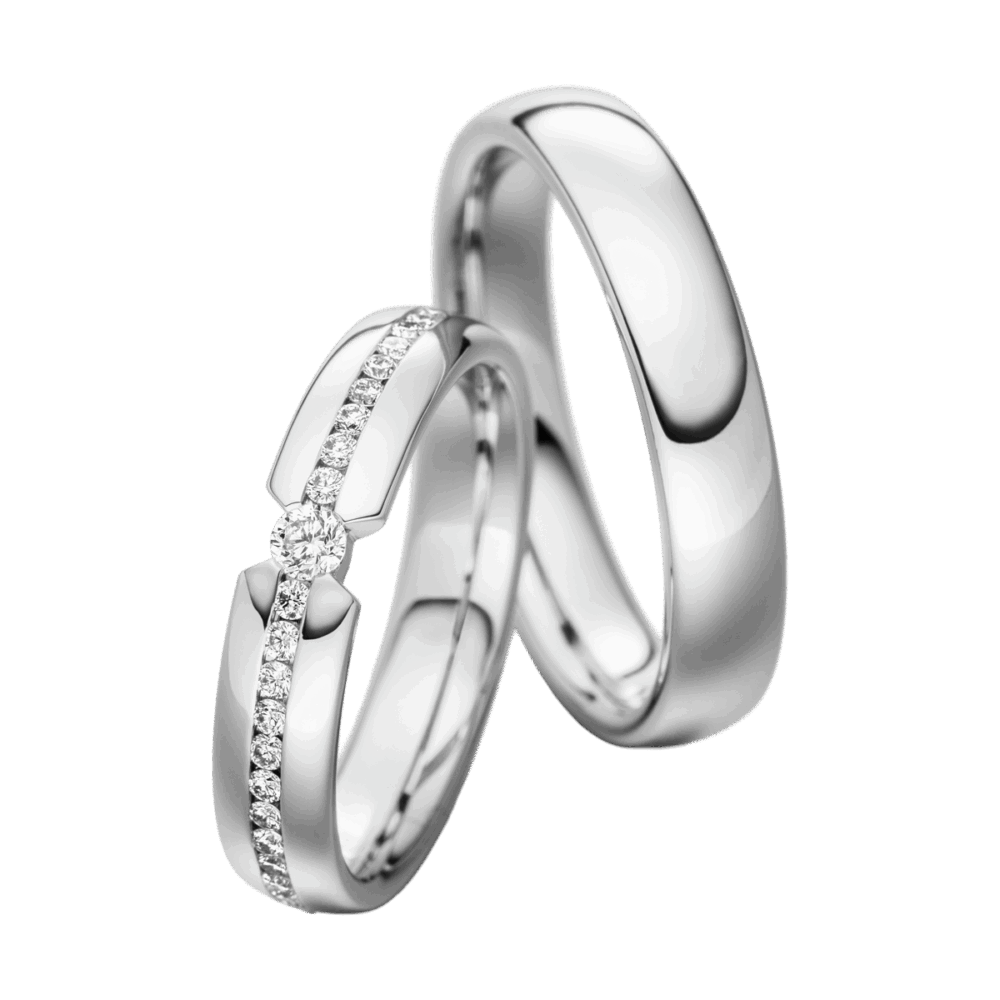 Platinring mit Spannoptik-Hauptstein und 42 Diamanten im Brillantschliff – Handgefertigtes Symbol für ewige Verbundenheit