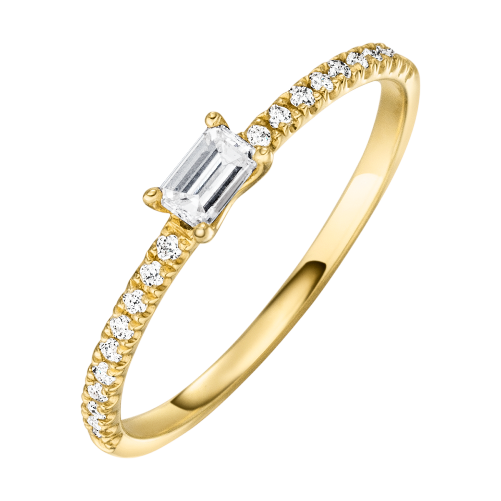 Gelbgold-Verlobungsring „Stardust“ mit zentralem Baguetteschliff-Diamanten und 21 Brillanten seitlich in die Schiene gefasst – himmlisch inspiriert