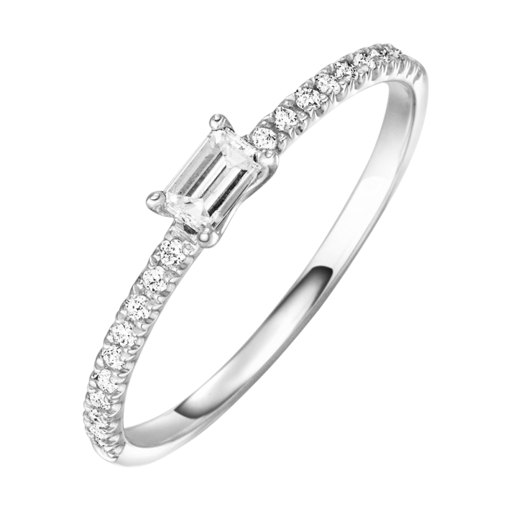 Weißgold-Verlobungsring „Stardust“ mit zentralem Baguetteschliff-Diamant in Schienenfassung und funkelndem Brillantband – modern und elegant