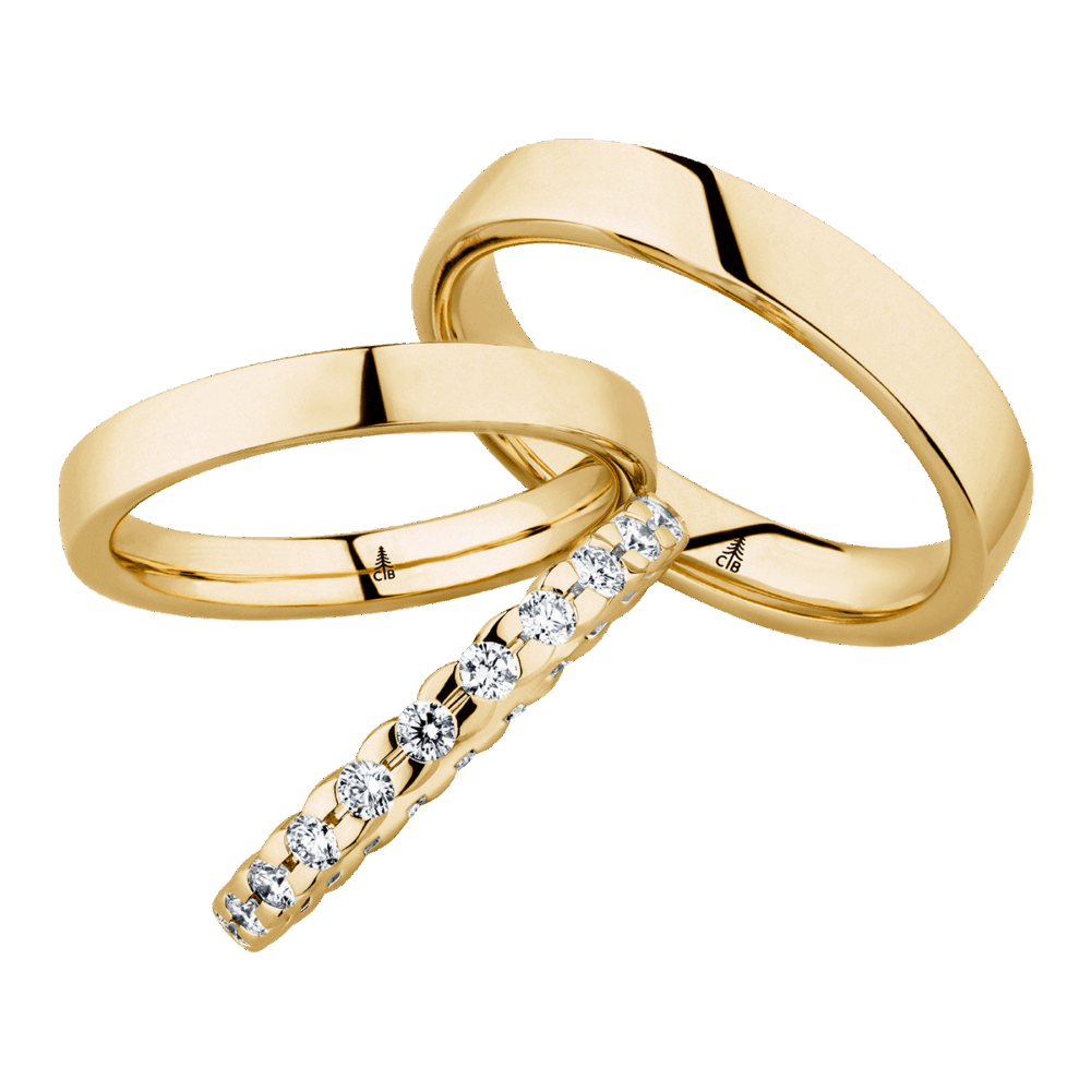 Gelbgoldene Trauringe mit 26 Brillanten in Verschnittfassung – klassisch, strahlend, elegant