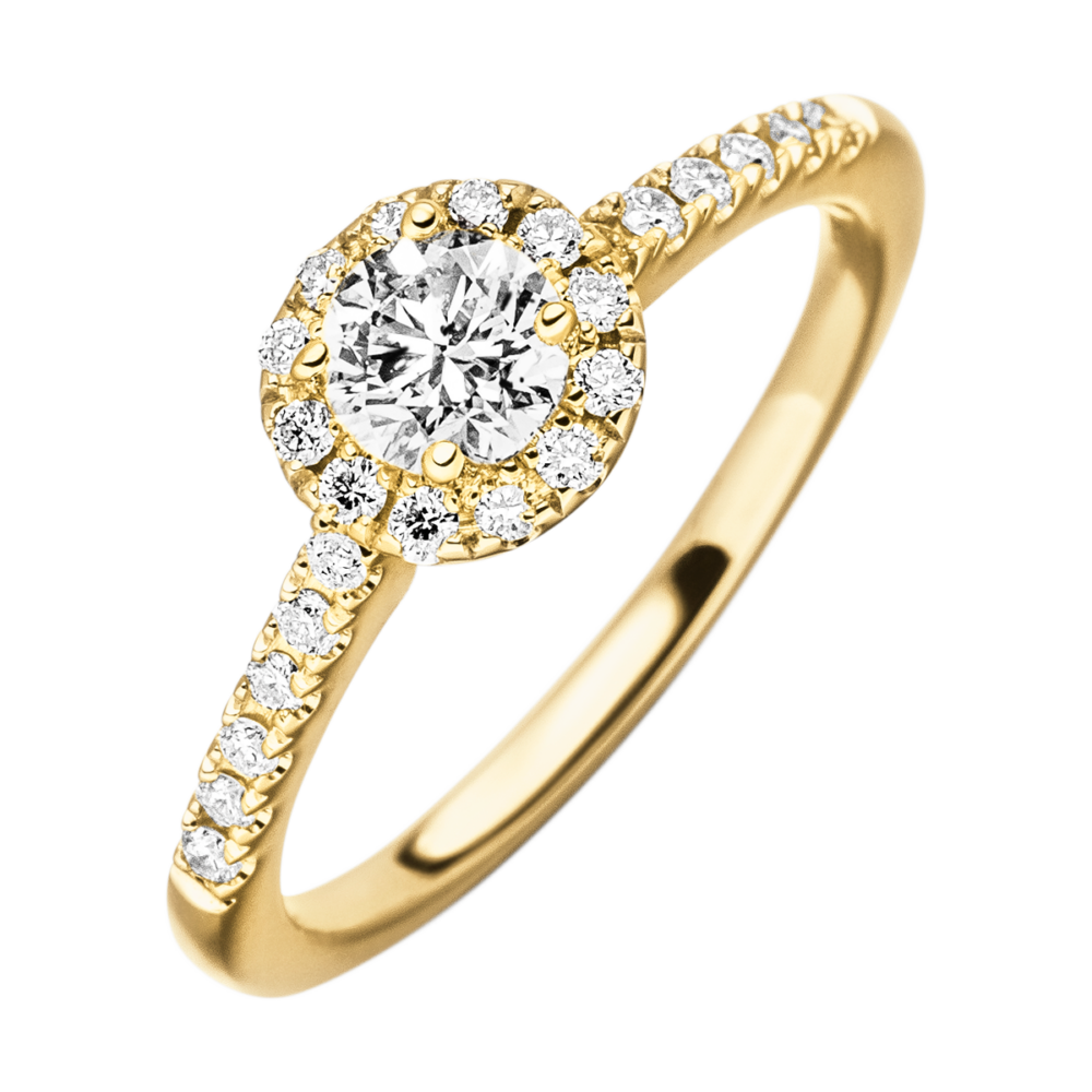 Draufsicht des Gelbgoldrings „Sternenregen“ mit 0,42 ct Mittelstein, Halo-Kranz und seitlichem Brillantbesatz – luxuriös und leuchtend