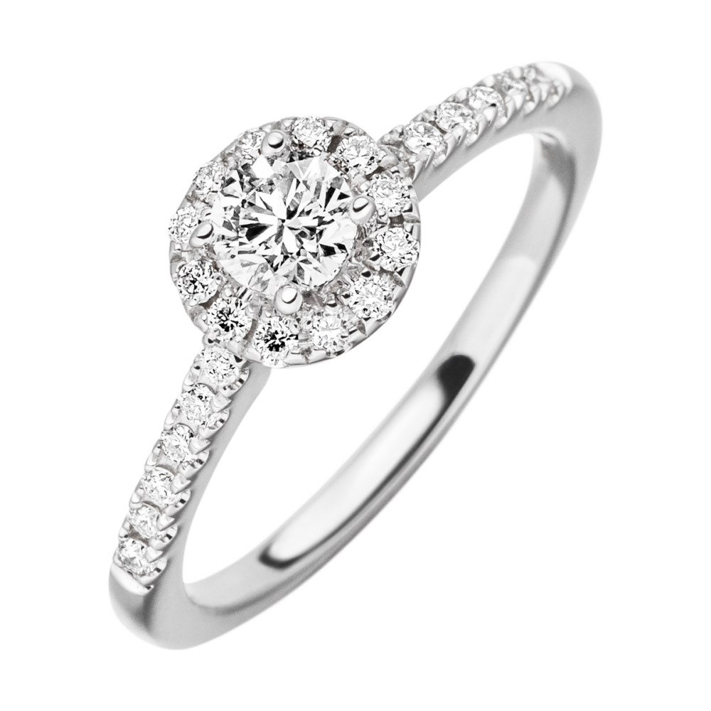 Weißgold-Verlobungsring „Sternenregen“ mit 0,42 ct Brillant, umgeben von Halo und funkelnden Seitendiamanten – elegantes Lichtspiel