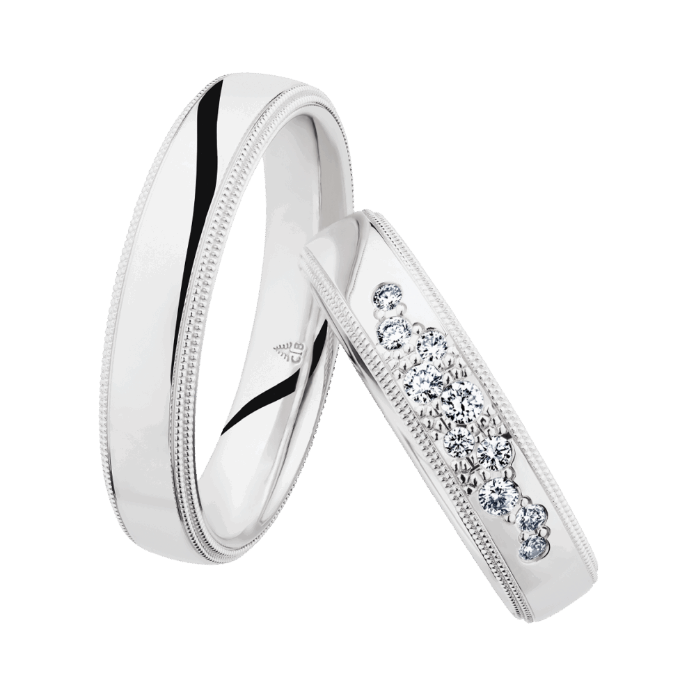 Weißgoldene Trauringe Sternenreise mit Diamantbesatz und Millegriffes – edel und zeitlos