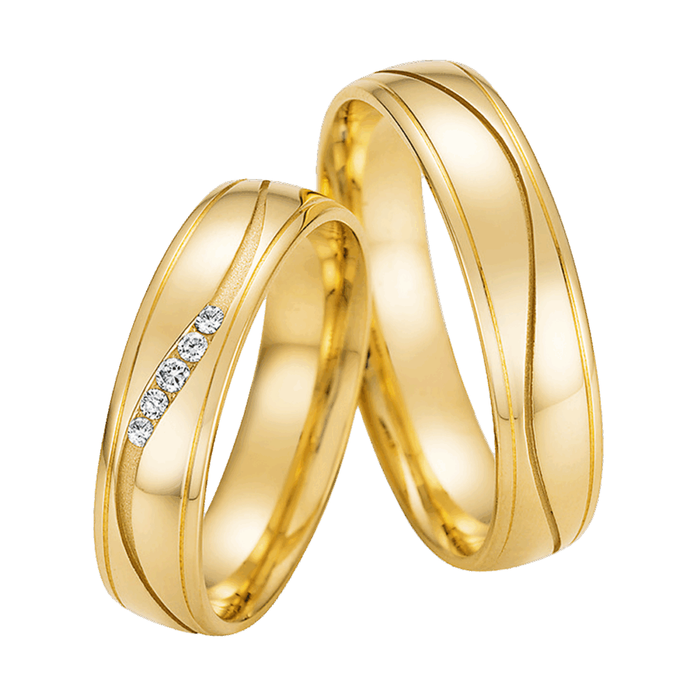 Elegante Trauringe aus Gelbgold mit doppelt gefugtem Design und Brillant in Kanalfassung im Damenring