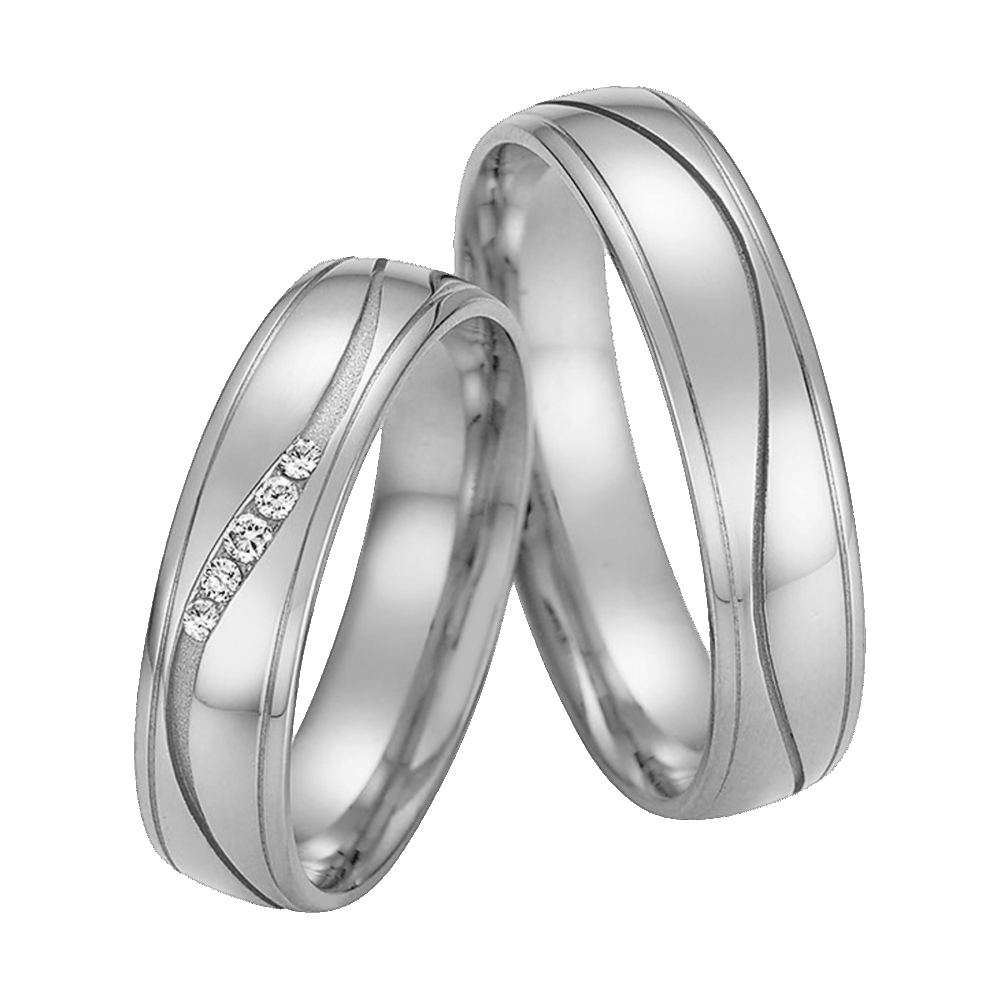 Platinringe mit polierter Oberfläche, doppelter Randfuge und Brillanten in der Wellenlinie des Damenrings
