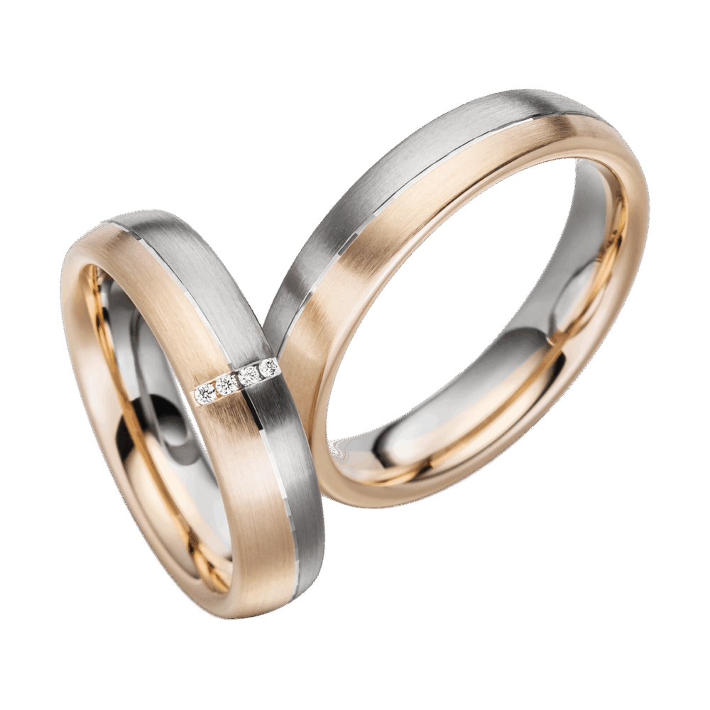 Platin-Roségold-Ringe mit diagonaler Glanzfuge, mattierter Oberfläche und funkelndem Brillantbesatz
