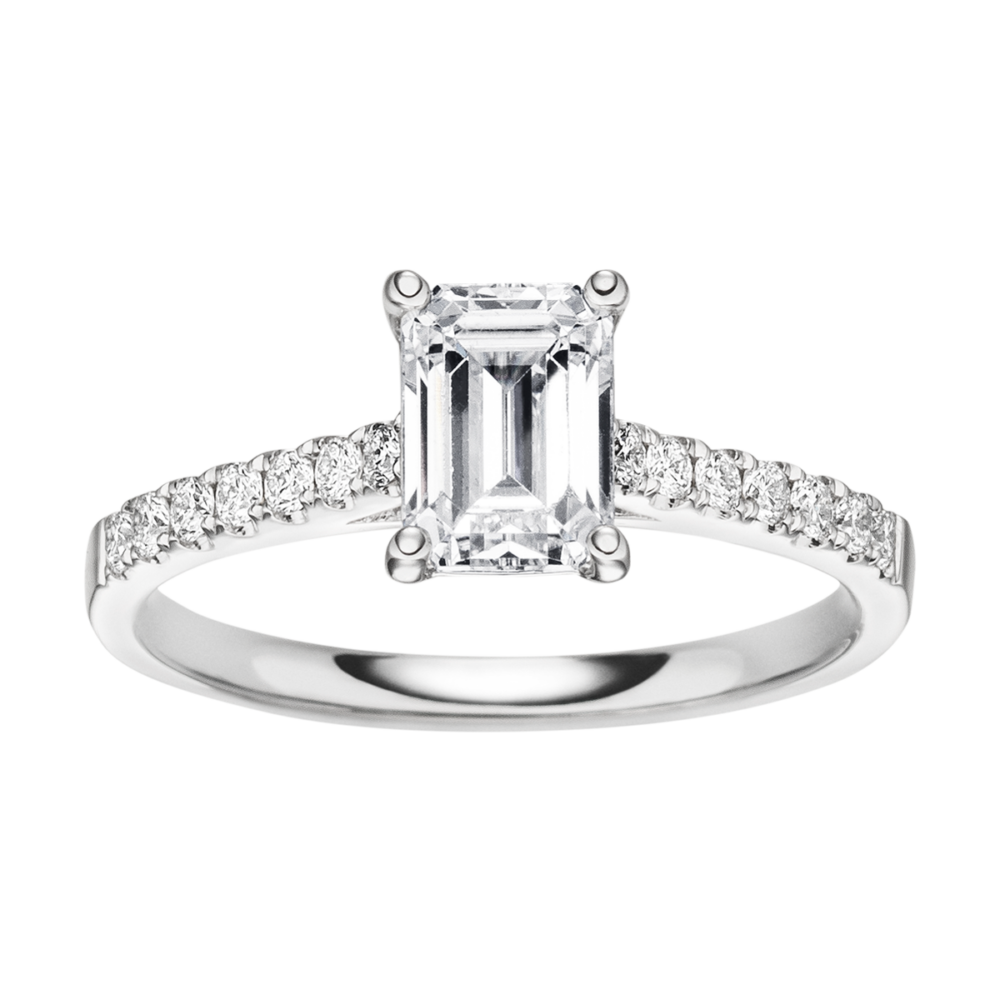 Weißgoldring „Timeless“ mit 4-Krappenfassung und rechteckigem Emerald-Diamanten – zeitlose Symmetrie in edler Draufsicht