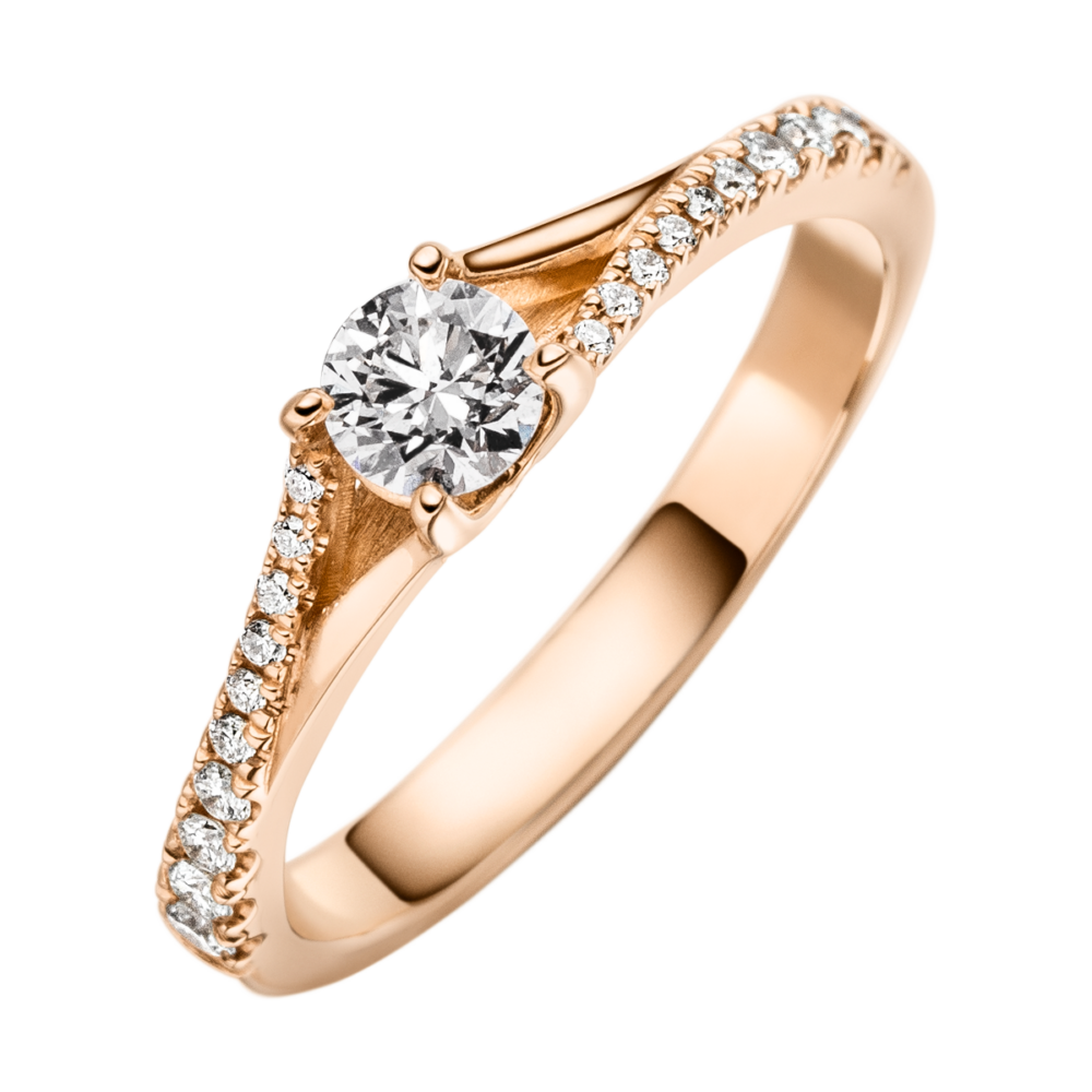 Rotgold-Verlobungsring „Traumfänger“ mit geteiltem Ringband und Brillanten – elegantes Zusammenspiel von Funkeln und Klarheit