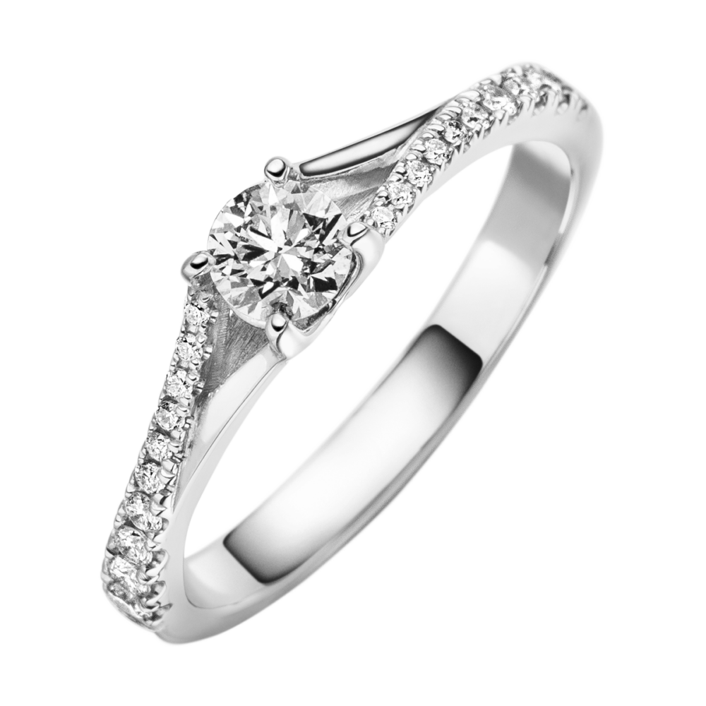 Weißgoldring „Traumfänger“ mit geteilter Ringschiene, glanzvoll gefassten Brillanten und funkelndem Hauptstein