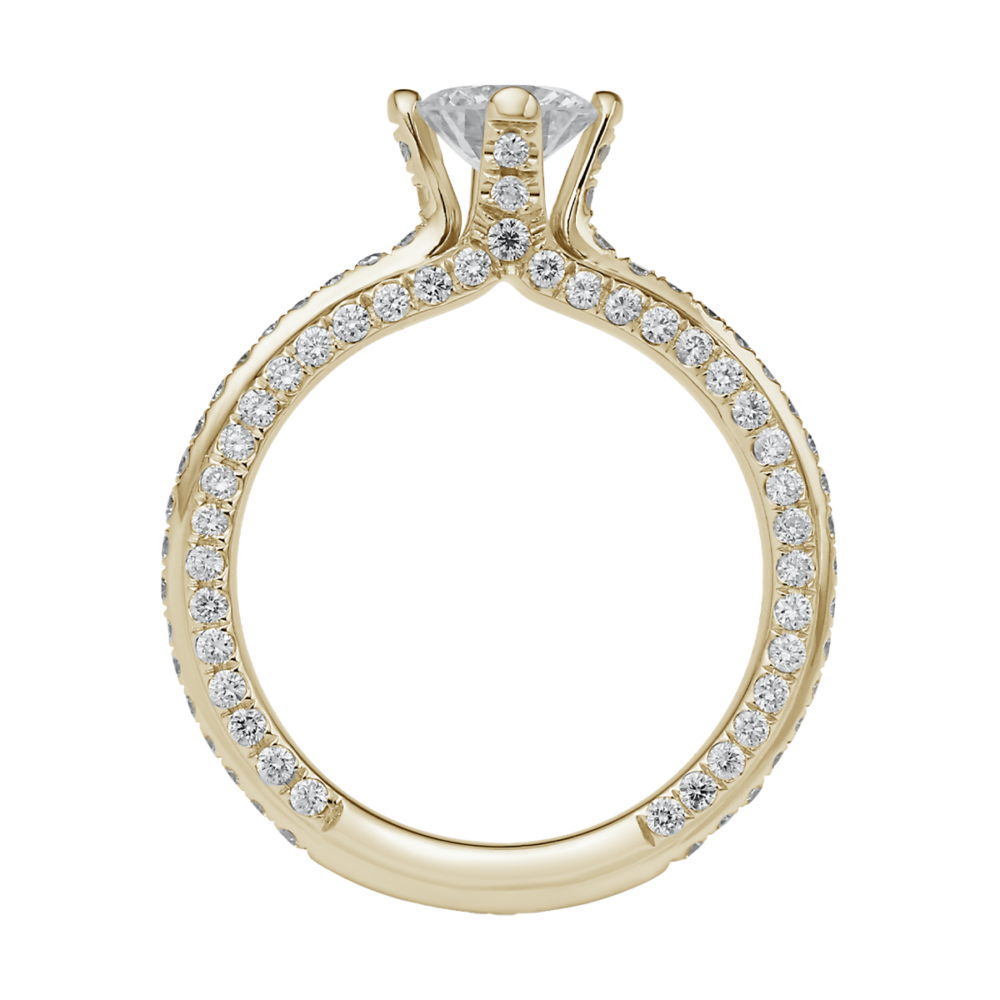 Venus Gelbgoldring im Profil – diamantbesetzte Krappen und volle Pracht aus allen Winkeln