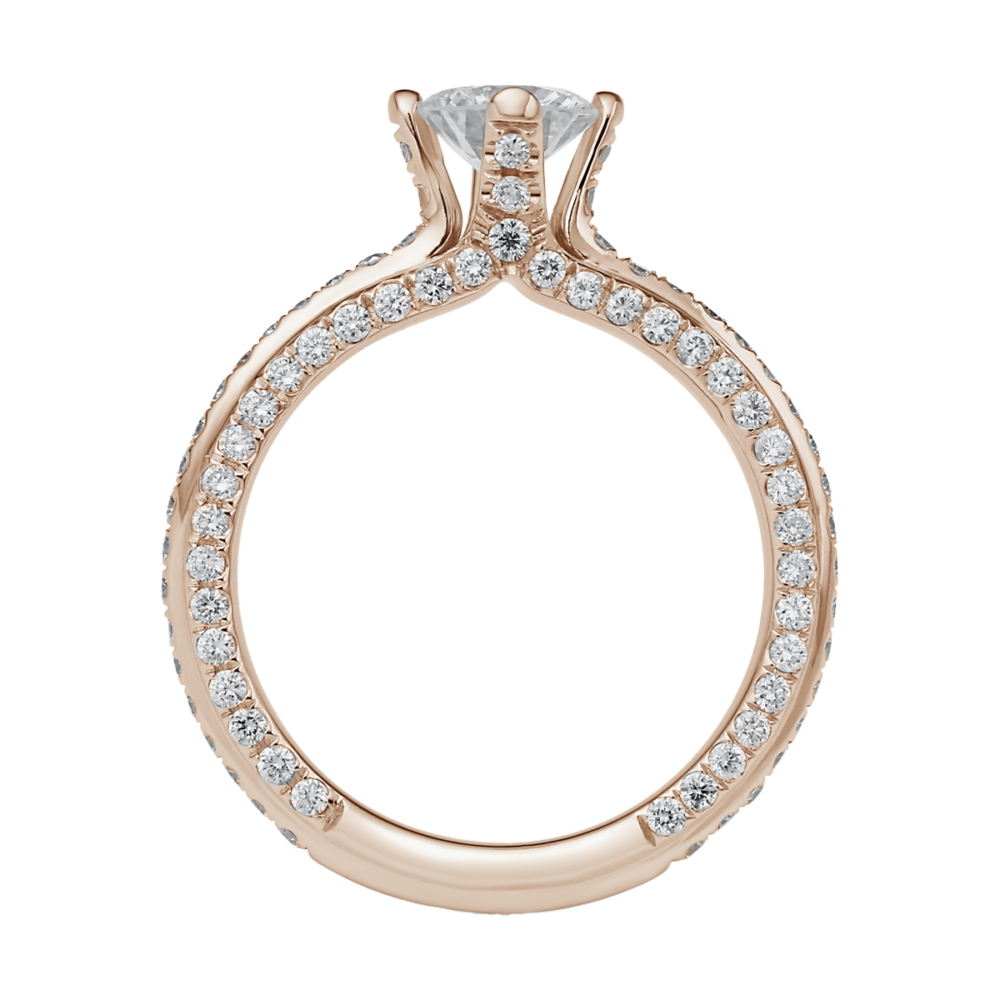 Profil des Verlobungsrings „Venus“ in Rotgold mit aufgesetztem Brillant, diamantgefassten Krappen und aufwendiger Ringschiene