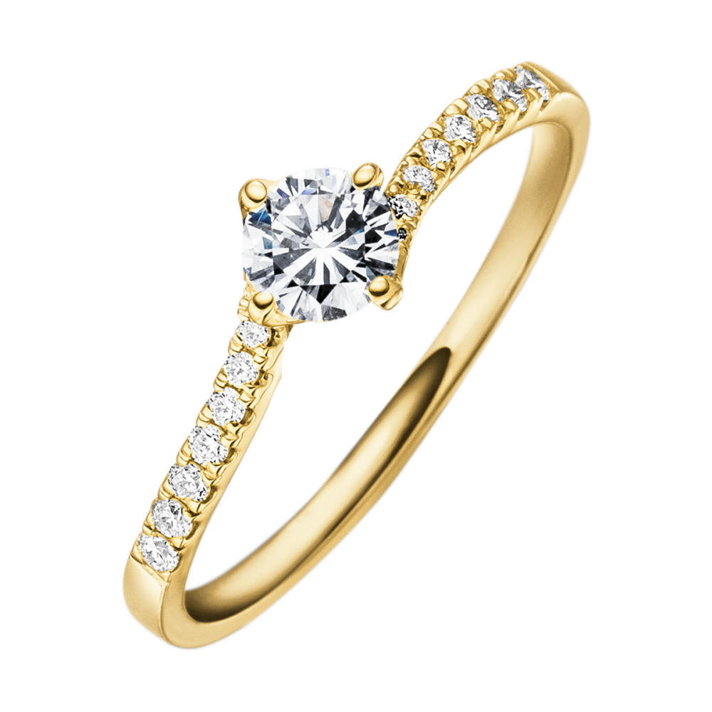 Gelbgoldring „Whisper“ mit zentralem Brillant und 15 seitlichen Diamanten in geschwungener Schiene – eleganter Ausdruck zarter Liebe