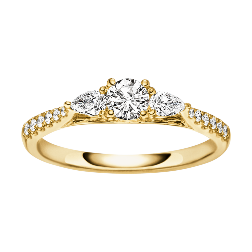 Gelbgoldring „Winterzauber“ mit zentralem 0,39 ct Brillant und zwei Tropfenschliff-Diamanten, eingerahmt von kunstvoll gefassten Seitendiamanten