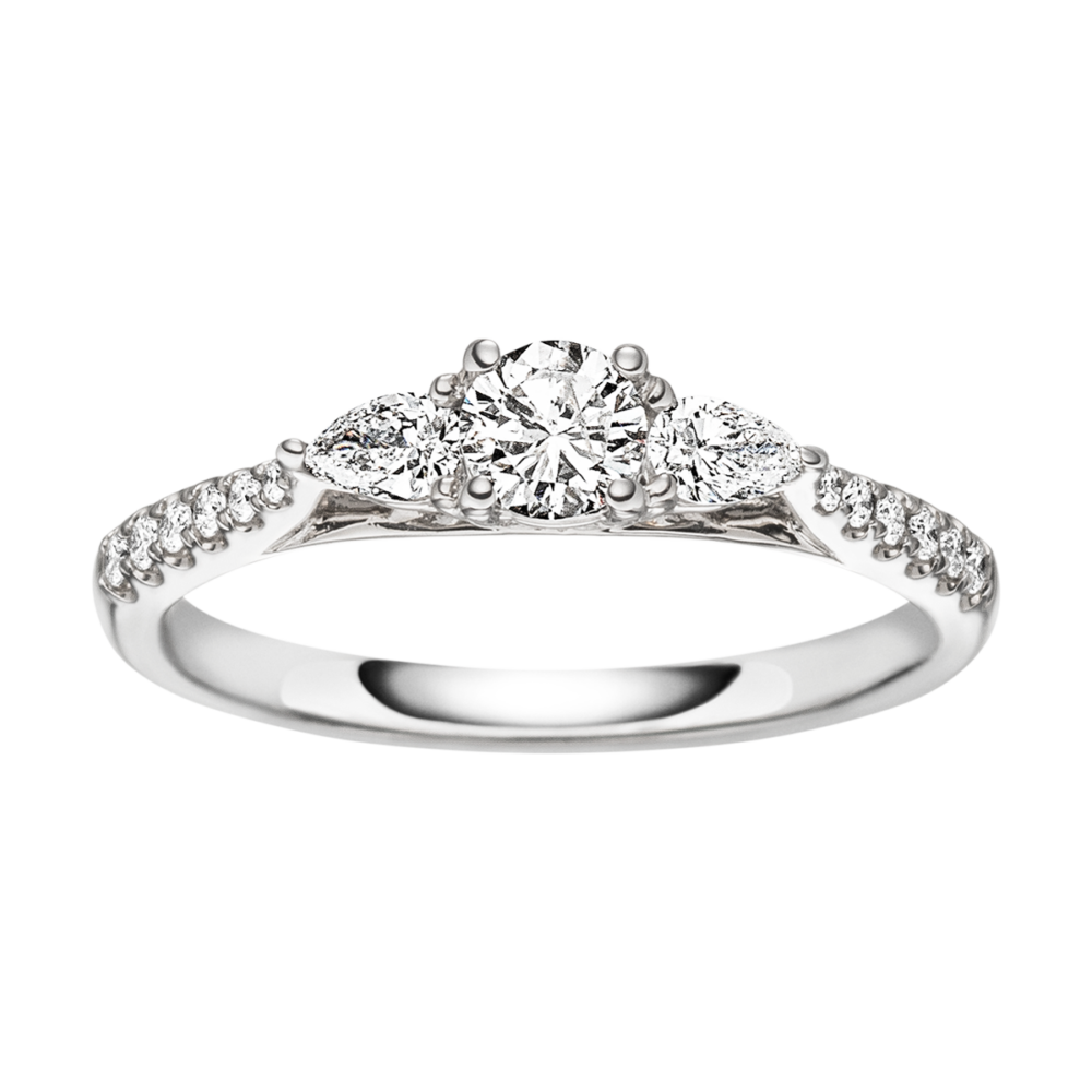 Platinring „Winterzauber“ mit zentralem Brillanten, zwei Tropfenschliff-Diamanten und 14 glitzernden Steinen in kunstvoller Draufsicht