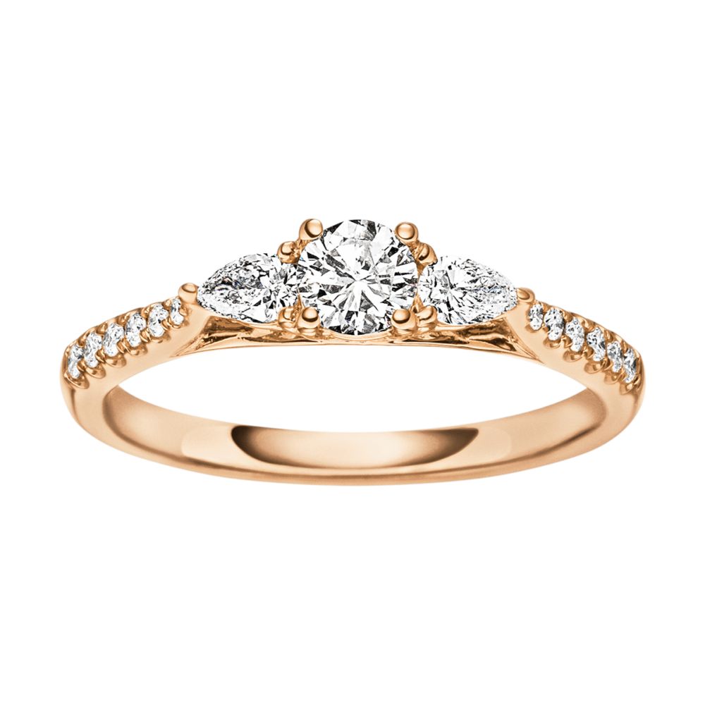 Rotgoldring „Winterzauber“ mit zentralem Brillanten und zwei Tropfen-Diamanten in eleganter Verschnittfassung – edle Draufsicht