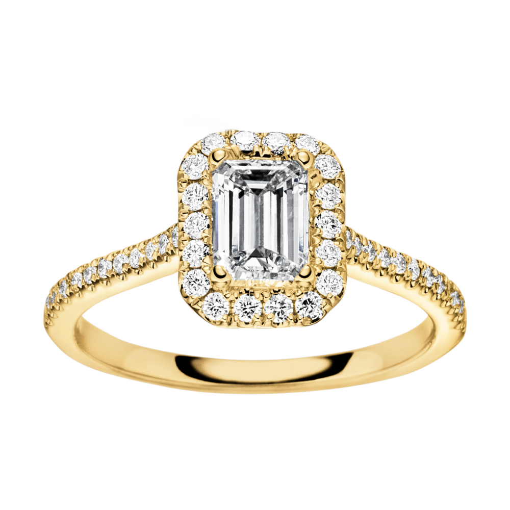 Draufsicht des Verlobungsrings „Wonder“ aus Gelbgold mit 0,30 ct Emerald-Diamant und funkelndem Halo aus Brillanten