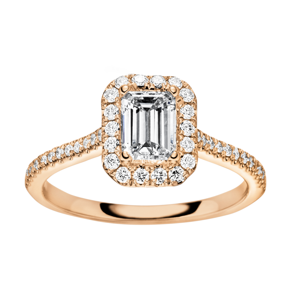 Rotgoldring „Wonder“ mit zentralem Emerald-Diamanten und glitzerndem Halo aus fein gesetzten Brillanten – klassische Draufsicht
