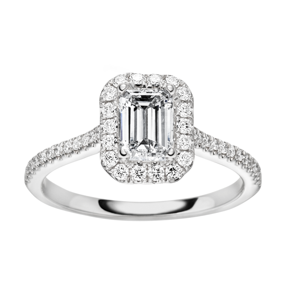 Weißgold-Verlobungsring „Wonder“ mit zentralem Diamant im Emeraldschliff und Halo aus 30 Brillanten – modern und zeitlos