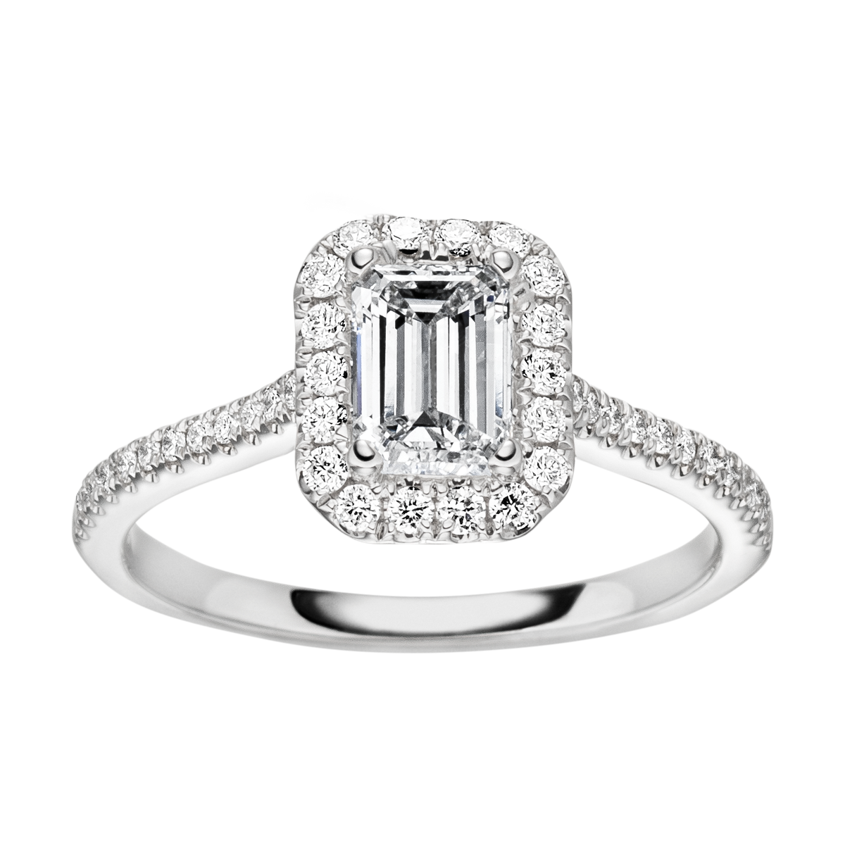 Weißgold-Verlobungsring „Wonder“ mit zentralem Diamant im Emeraldschliff und Halo aus 30 Brillanten – modern und zeitlos